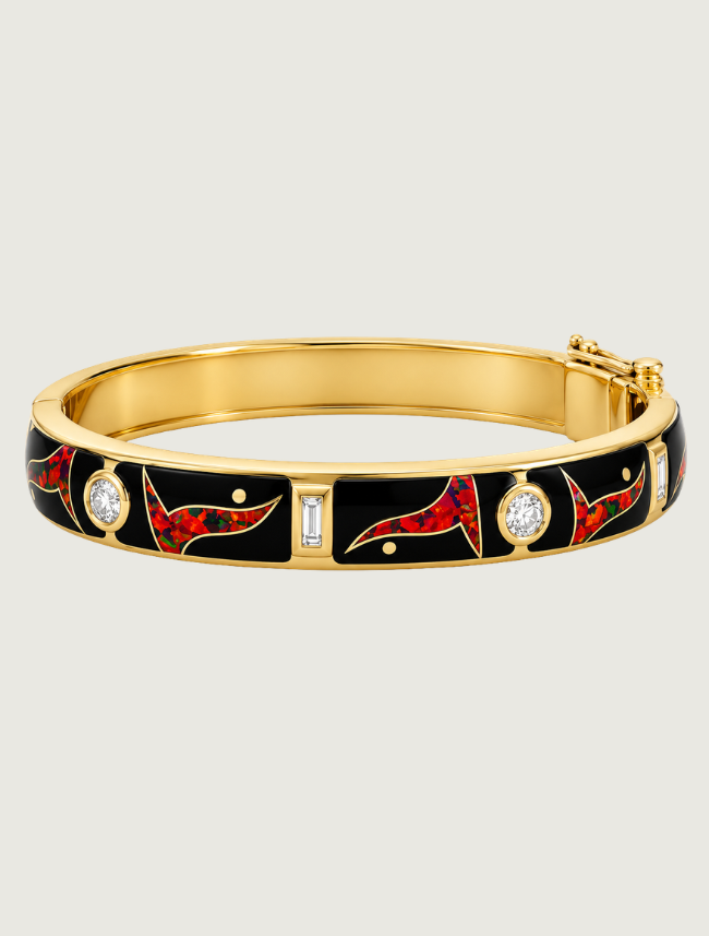 14K Yellow Gold Diamond, Black Jade, & Fire Opal Bracelet