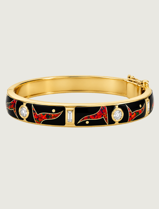 14K Yellow Gold Diamond, Black Jade, & Fire Opal Bracelet