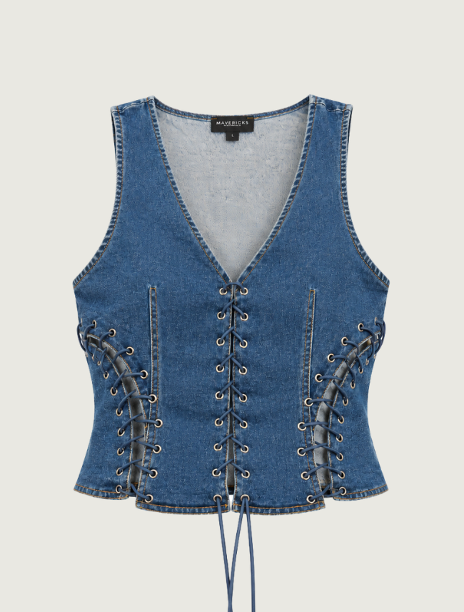 Mavericks Lace Up Denim Vest in Dark Wash