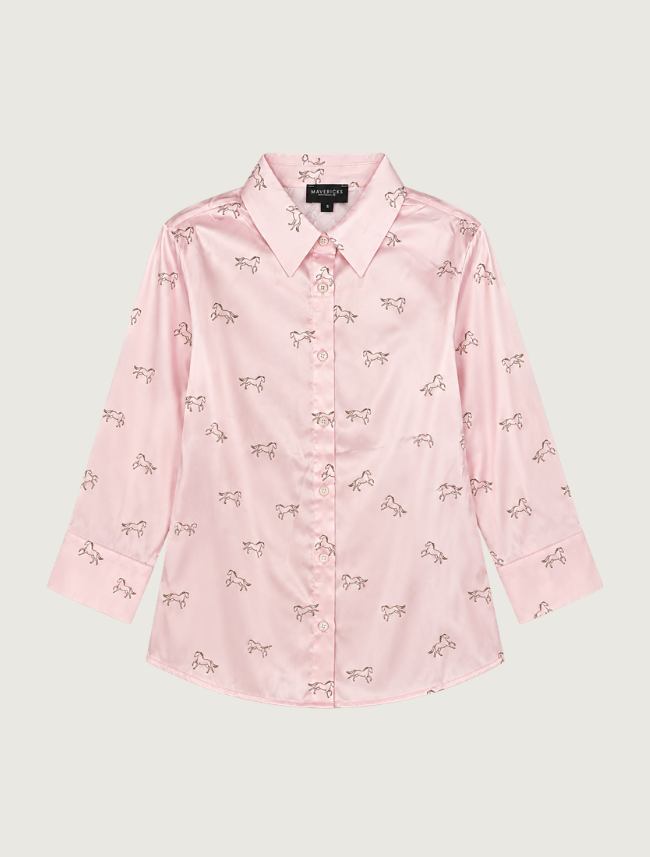 Mavericks Satin Horse Print Button-Up Shirt in Pink