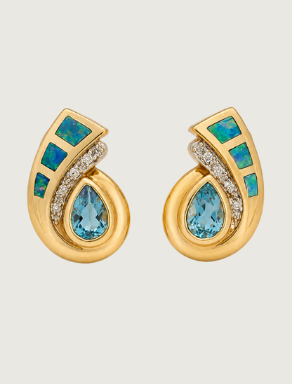 14K Yellow Gold Blue Topaz, Opal, & Diamond Earrings