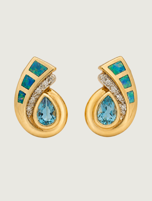 14K Yellow Gold Blue Topaz, Opal, & Diamond Earrings