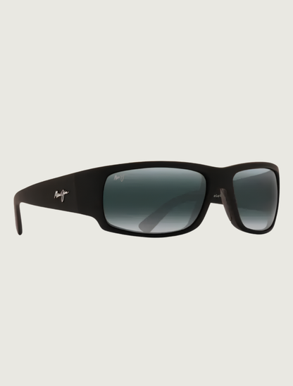 Maui Jim World Cup wrap sunglasses in Matte Black Rubber / Neutral Grey — quarter view