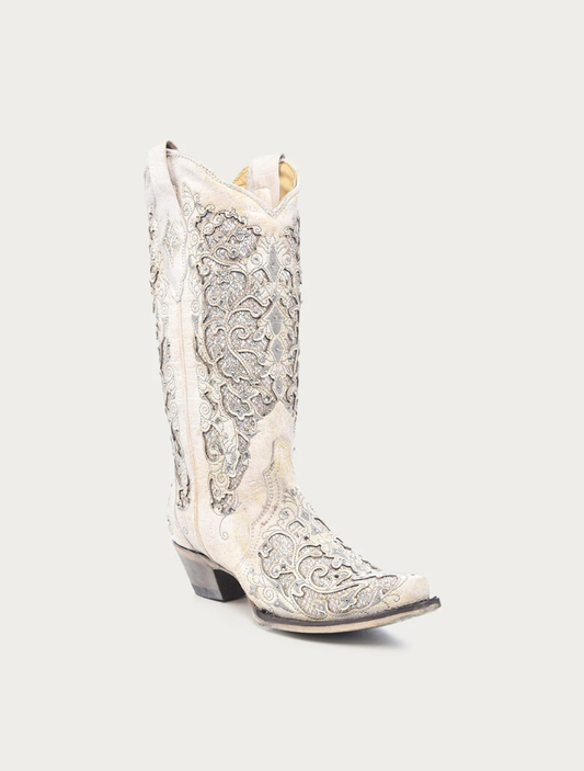 Corral Women's White Wedding Cowboy Boot with Glittered Inlay & Crystals