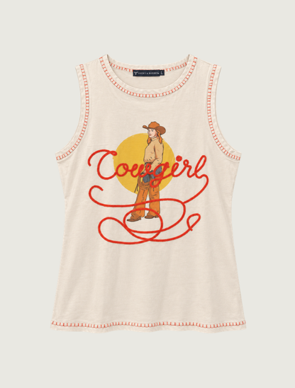 Lucky & Blessed Women's Sand Cowgirl Graphic Contrast Stitch Tank Top