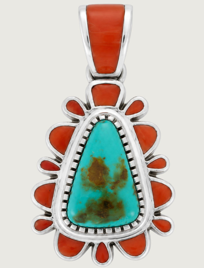 Vernon Haskie Sterling Silver Coral Inlay & Turquoise Pendant