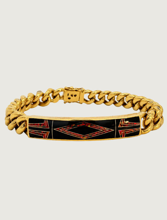 14K Yellow Gold Diamond, Black Jade, & Fire Opal Bracelet