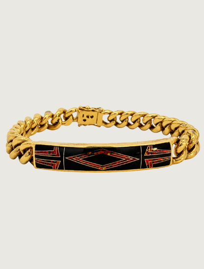 14K Yellow Gold Diamond, Black Jade, & Fire Opal Bracelet
