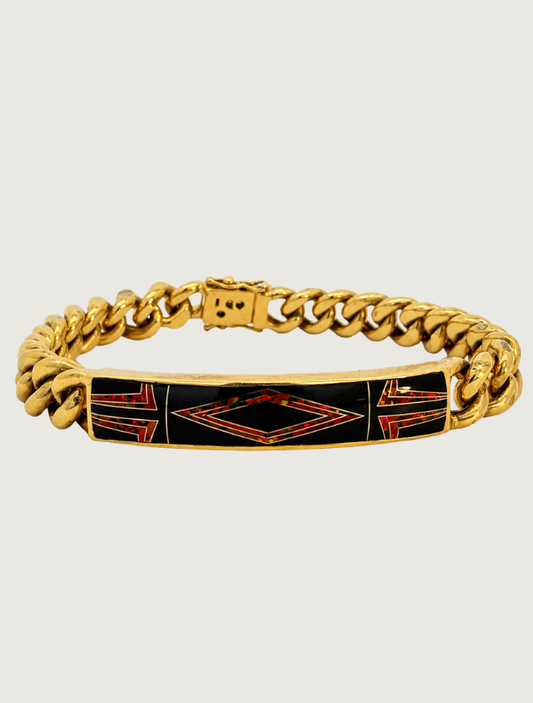 14K Yellow Gold Diamond, Black Jade, & Fire Opal Bracelet