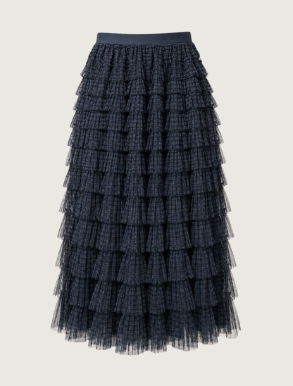 Raisonnel Plaid Mesh Ruffle Maxi Skirt
