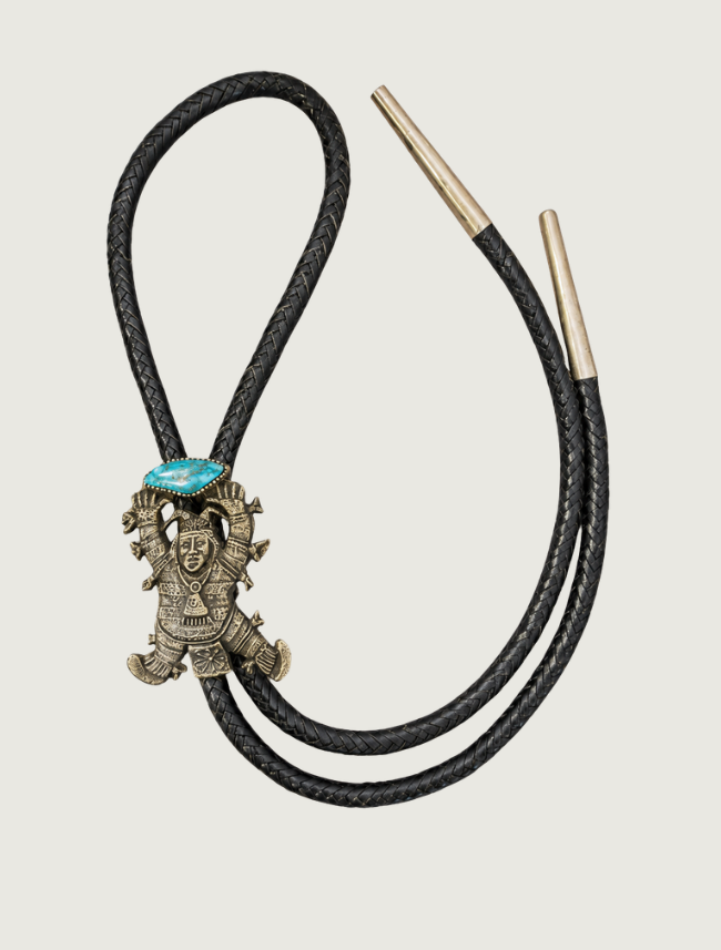 Harrison Jim sterling silver dancer figure bolo tie slide with marquise turquoise cabochon, detail view