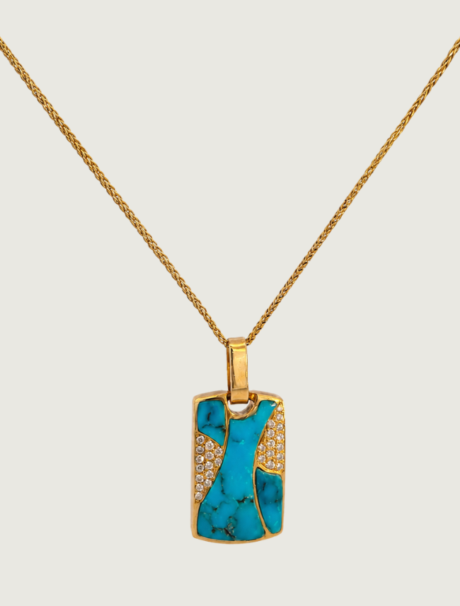 14K Yellow Gold Turquoise Inlay & Diamond Pendant