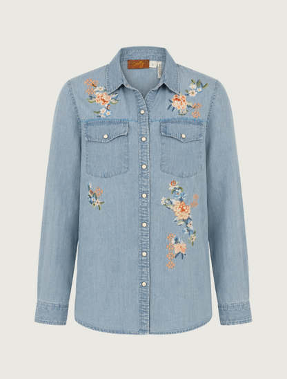 Scully Women's Light Blue Denim Floral Embroidered Snap Front Shirt