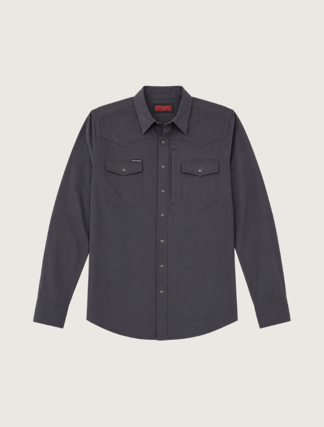 Rock & Roll Denim men's black long-sleeve snap shirt, front view, with pearl snaps and two flap chest pockets