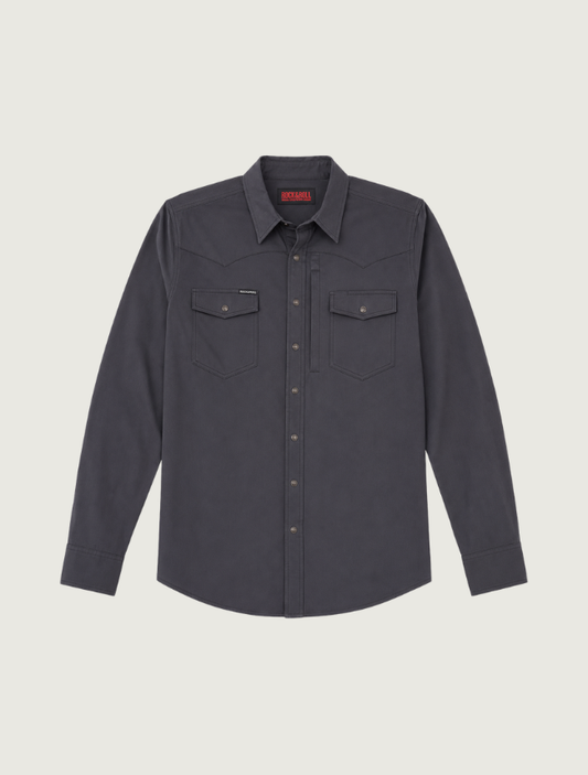 Rock & Roll Denim men's black long-sleeve snap shirt, front view, with pearl snaps and two flap chest pockets