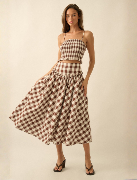 Promesa Gingham Drop Waist Ruffle Trim Midi Skirt
