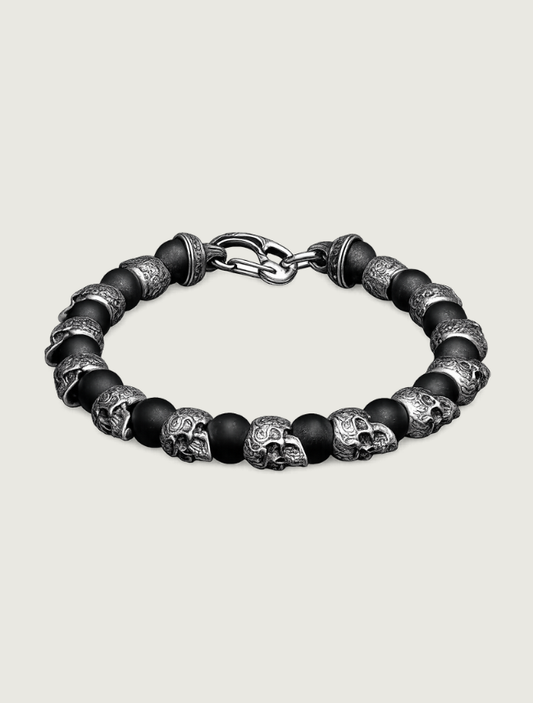 William Henry 'Shaman' Beaded Bracelet with Black Onyx and Sculpted Sterling Silver Skulls