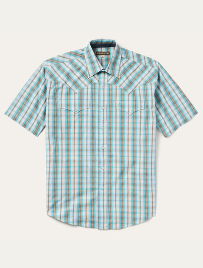 Stetson Men's Turquoise Plaid Short-Sleeve Western Shirt