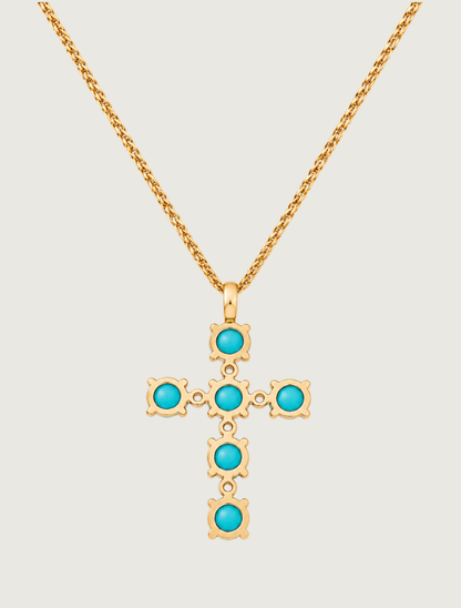 14K Yellow Gold Turquoise & Diamond Cross Pendant