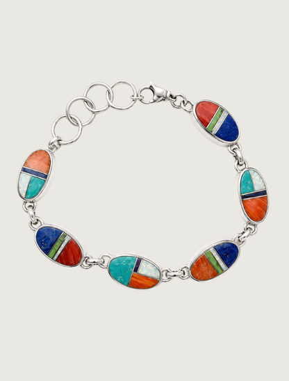 Sterling Silver Multi Inlay Link Bracelet
