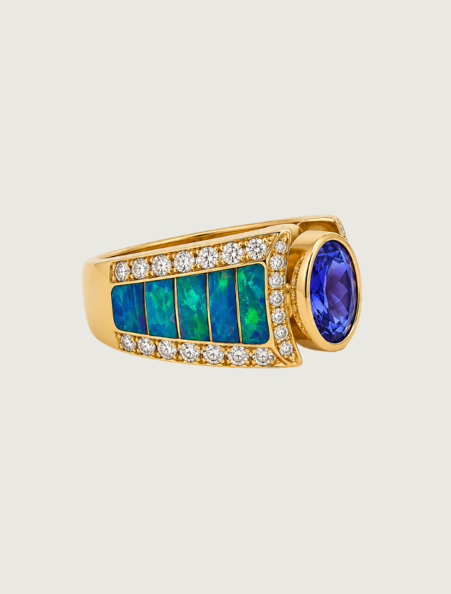 14K Yellow Gold Tanzanite, Opal, and Diamond Ring