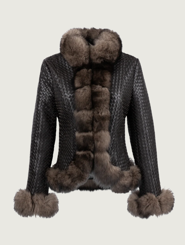 Pinto Ranch Women's Black Leather Woven Jacket with Fur Trim