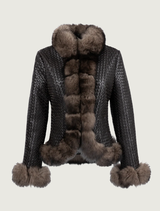 Pinto Ranch Women's Black Leather Woven Jacket with Fur Trim