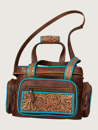 Mavericks Tooled Leather Lunch Box with Turquoise Trim