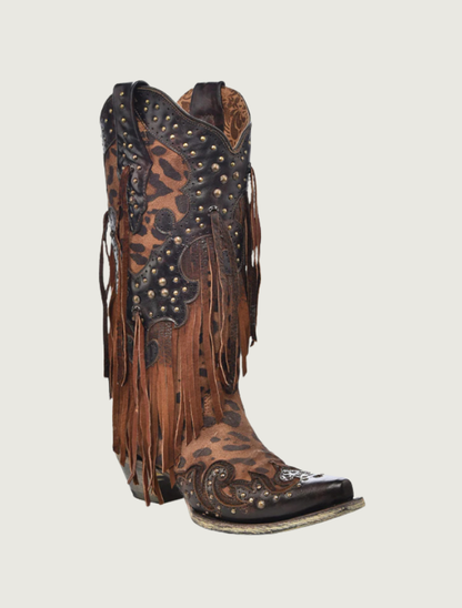 Corral Leopard Print Cowgirl Boots with Fringe