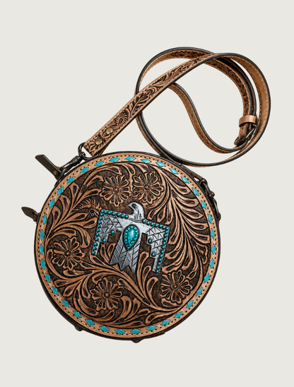 Mavericks Tooled Leather Round Crossbody with Thunderbird Concho & Turquoise Trim