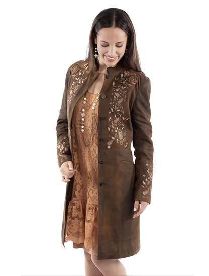 Mavericks Women's Embroidered Knee-Length Leather Coat