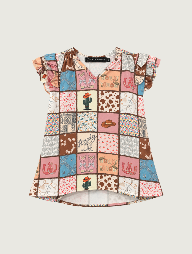 Lucky & Blessed Girls Western Patchwork Ruffle Sleeve Top