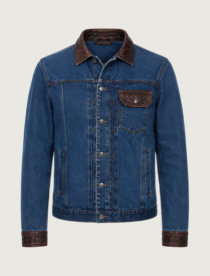 Men's Denim & Leather Button-Up Jacket