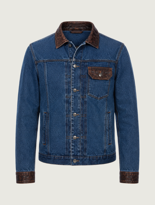 Men's Denim & Leather Button-Up Jacket