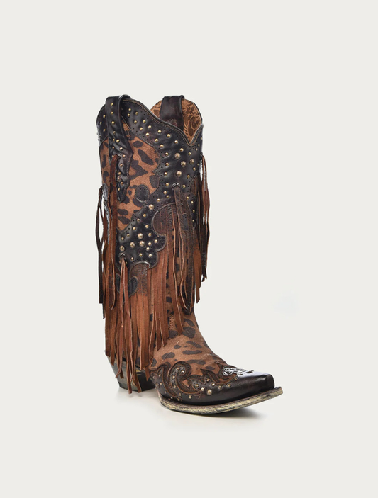 Corral Women's Leopard Print Boots with Fringe & Studs