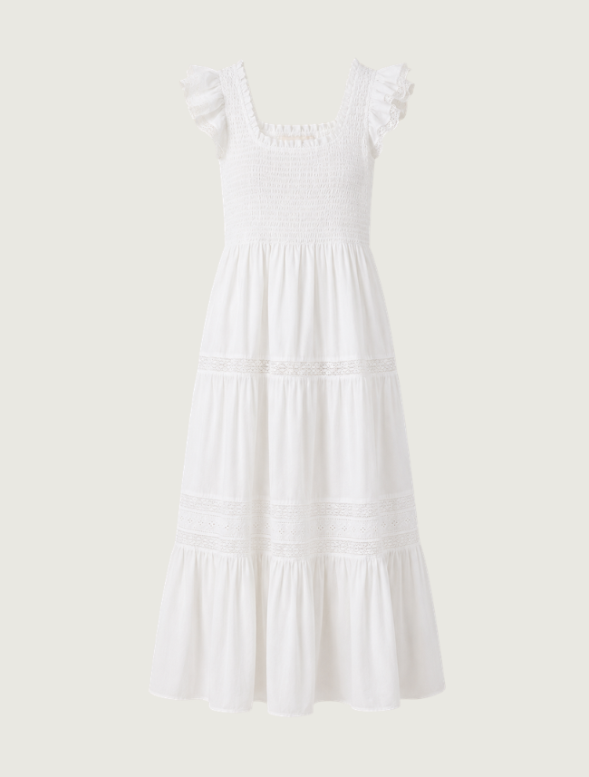 Raisonnel White Smocked Bodice Tiered Dress