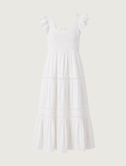 Raisonnel White Smocked Bodice Tiered Dress