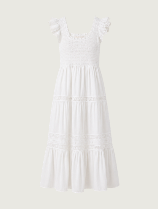 Raisonnel White Smocked Bodice Tiered Dress