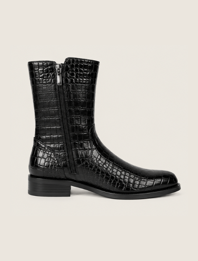 Cuadra Men's Caiman Round Toe Zipper Dress Boots in Black