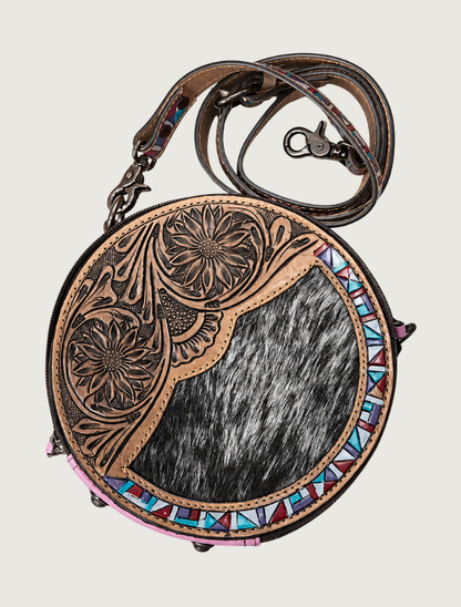 Mavericks Cowhide & Tooled Leather Round Crossbody with Beaded Trim
