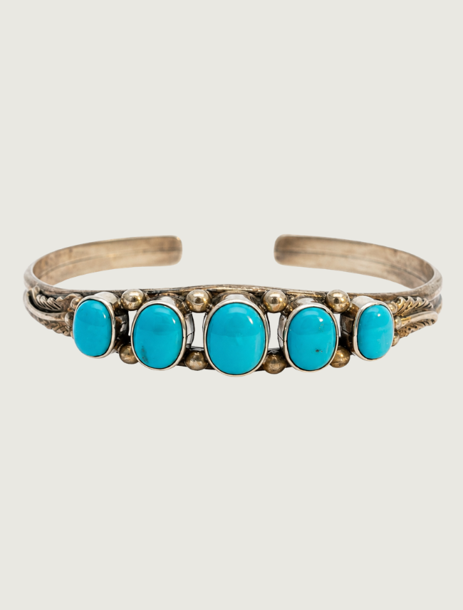 Sterling Silver Polished Five Turquoise Cuff Bracelet