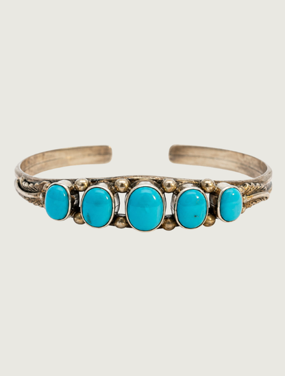 Sterling Silver Polished Five Turquoise Cuff Bracelet