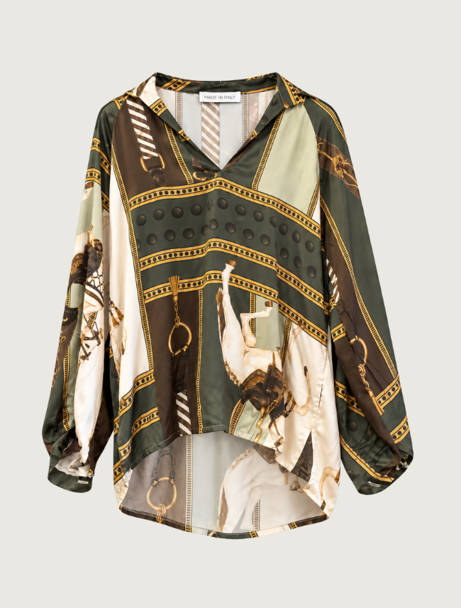 Look Mode Women's Olive Satin Horse Print Blouse