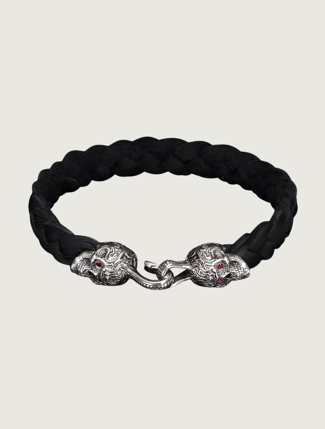 William Henry Braided Deerskin Bracelet with Sterling Silver & Ruby 'Sugar Skull' End Caps