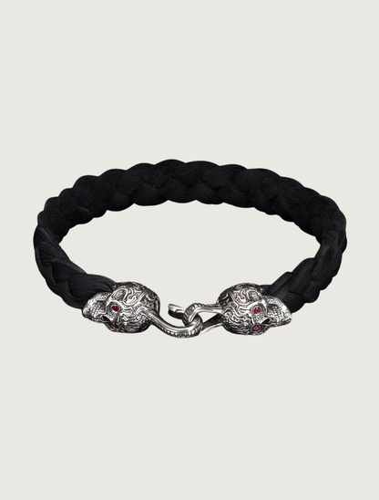William Henry Braided Deerskin Bracelet with Sterling Silver & Ruby 'Sugar Skull' End Caps