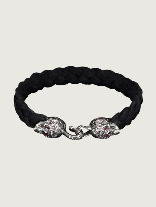 William Henry Braided Deerskin Bracelet with Sterling Silver & Ruby 'Sugar Skull' End Caps