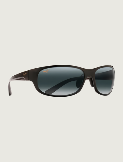 Maui Jim Twin Falls wrap sunglasses in Gloss Black Fade / Neutral Grey — quarter view