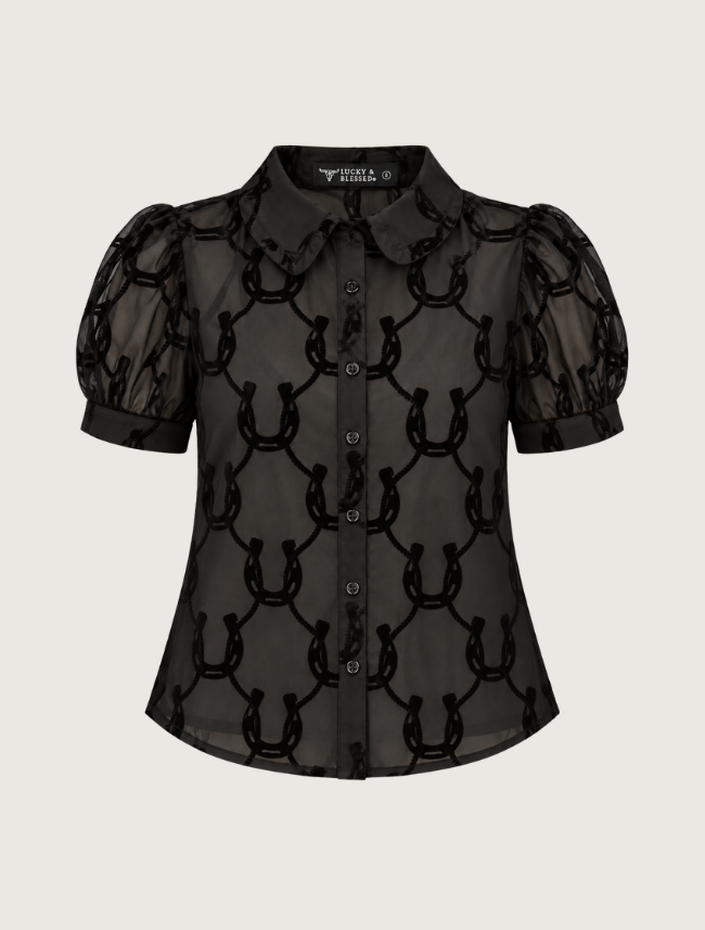 Lucky & Blessed Black Horseshoe Burnout Mesh Puff Sleeve Shirt