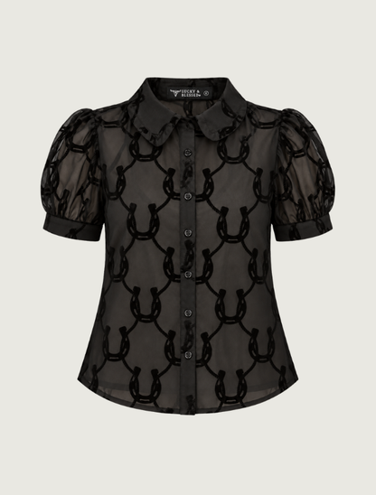 Lucky & Blessed Black Horseshoe Burnout Mesh Puff Sleeve Shirt