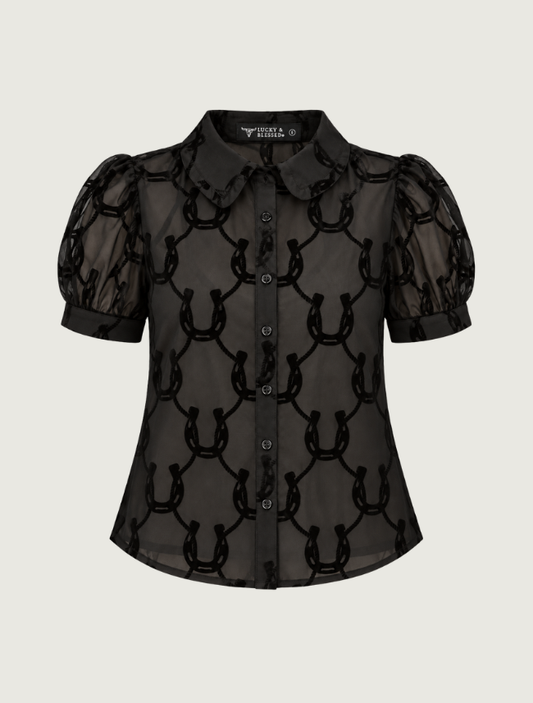 Lucky & Blessed Black Horseshoe Burnout Mesh Puff Sleeve Shirt